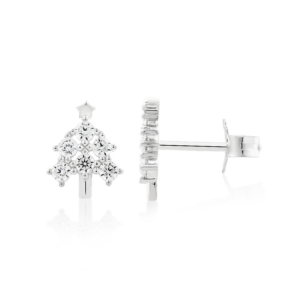 Christmas Tree Stud Earrings with Cubic Zirconia in Sterling Silver