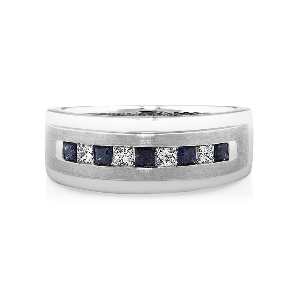 Men's Ring with Sapphire & 0.30 Carat TW of Diamonds in 10kt White Gold