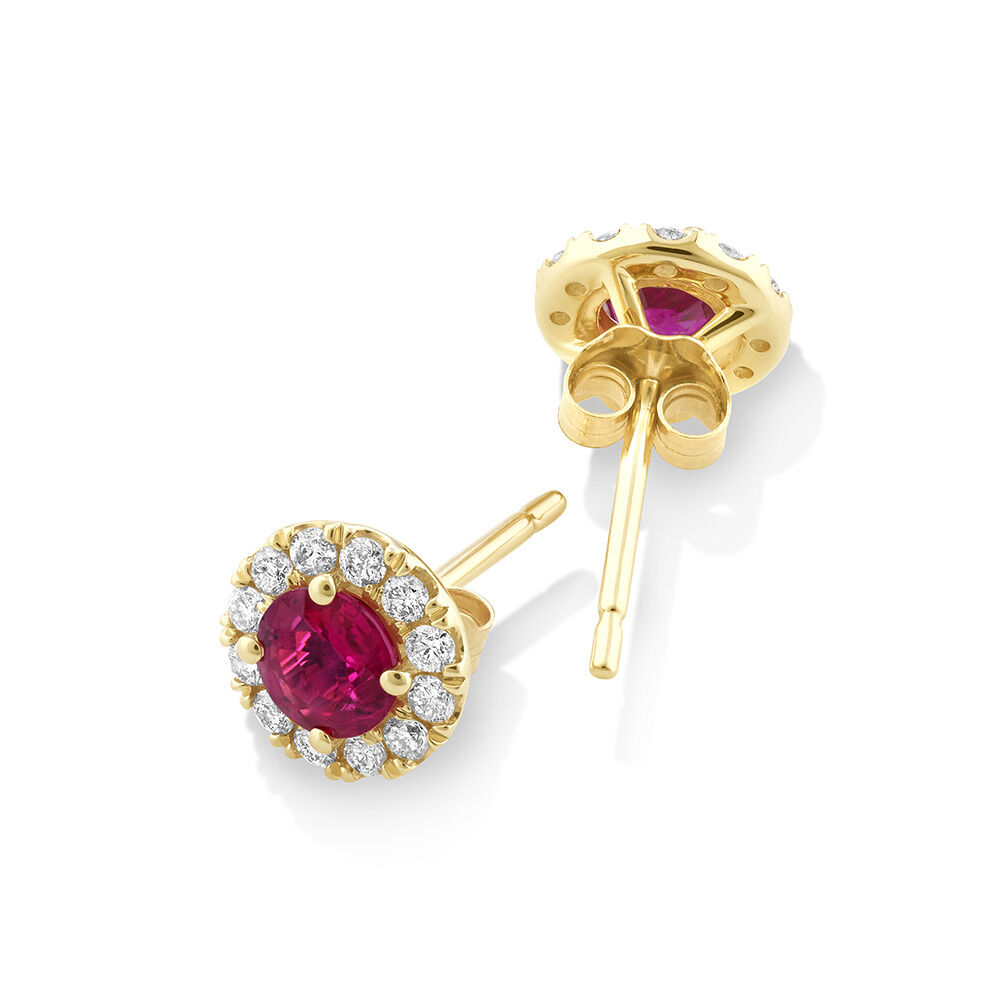Halo Stud Earrings with Natural Ruby & 0.28 Carat TW of Diamonds in 10kt Yellow Gold