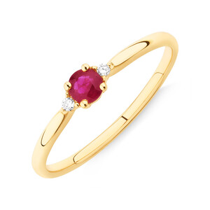 3 Stone Ring with Ruby & Diamonds in 10kt Yellow Gold