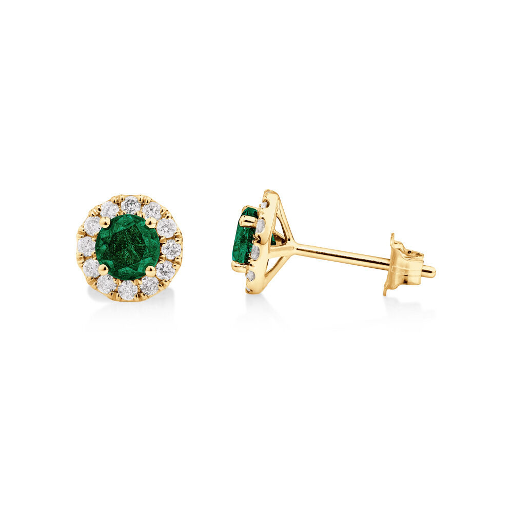 Halo Stud Earrings with Natural Emerald & 0.28 Carat TW of Diamonds in 10kt Yellow Gold