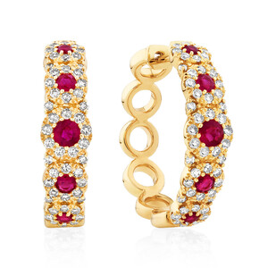 Bubble Huggie Earrings with Ruby and 0.52 Carat TW Diamonds in 14kt Yellow Gold