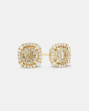 Halo Stud Earrings with Green Amethyst & 0.32 Carat TW of Diamonds in 10kt Yellow Gold