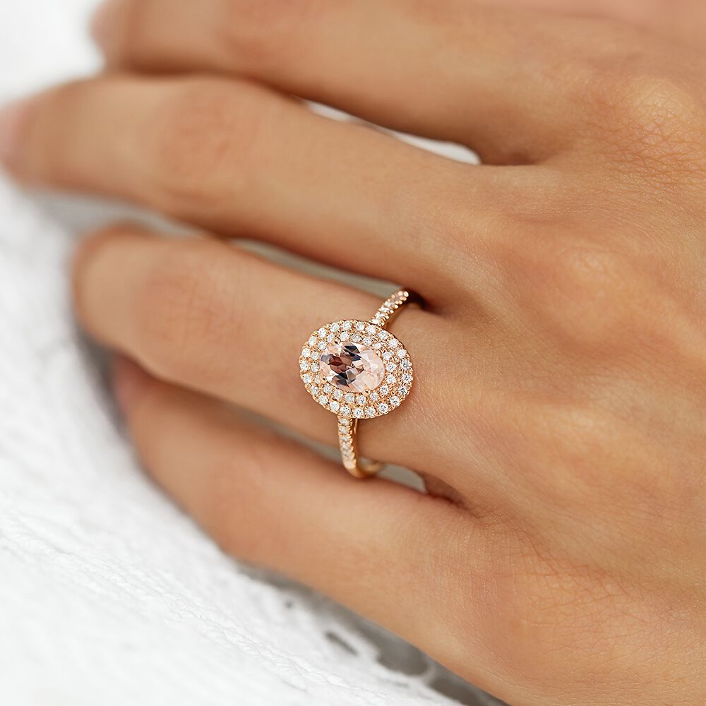 Double Halo Ring with Morganite & 0.25 Carat TW of Diamonds in 10kt Rose Gold
