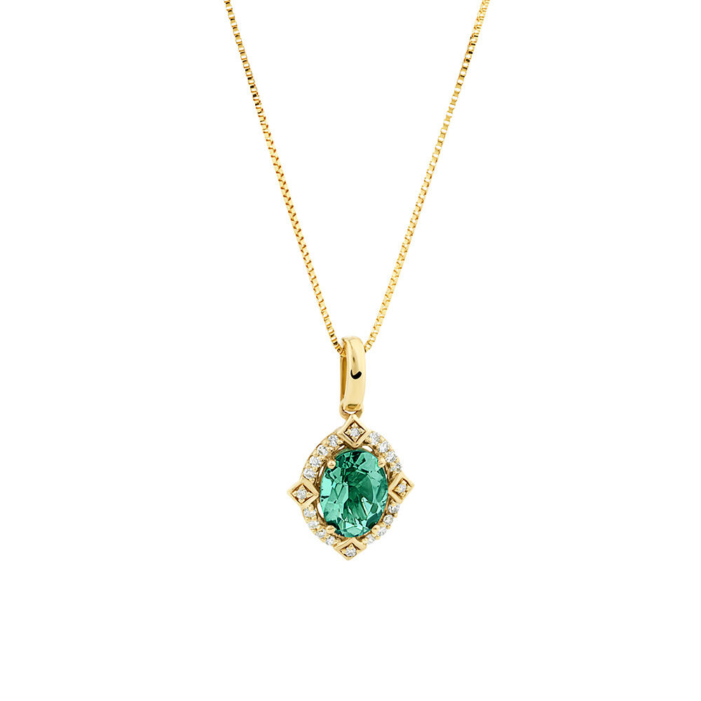 Halo Pendant with Laboratory Created Emerald & Natural Diamonds in 10kt Yellow Gold