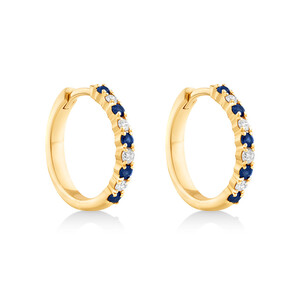 Huggie Earrings with Sapphire & 0.20 Carat TW of Diamonds in 10kt Yellow Gold