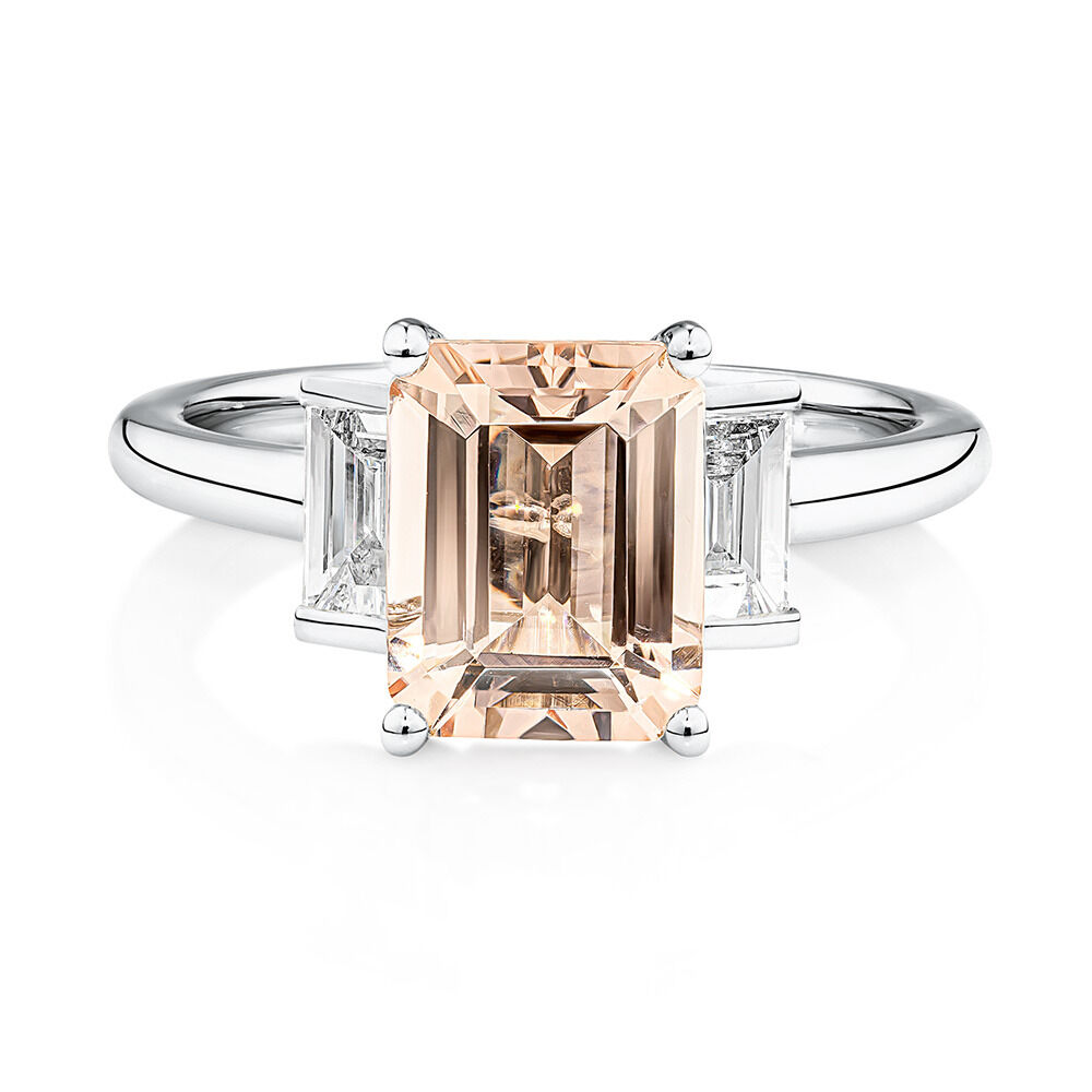 Sir Michael Hill Designer Emerald Cut Engagement Ring with Morganite & 0.48 Carat TW of Diamonds in 18kt White Gold