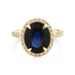 Halo Ring with Sapphire & 0.62 Carat TW of Diamonds in 14kt Yellow Gold