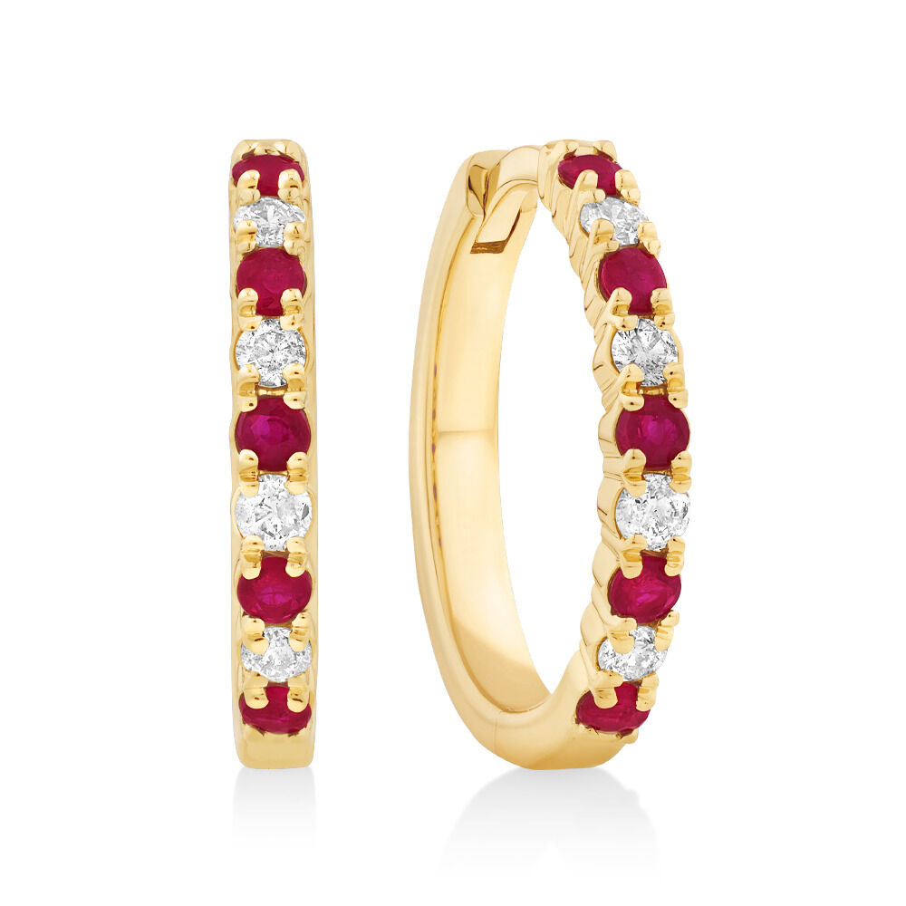 Huggie Earrings with Ruby & 0.20 Carat TW of Diamonds in 10kt Yellow Gold