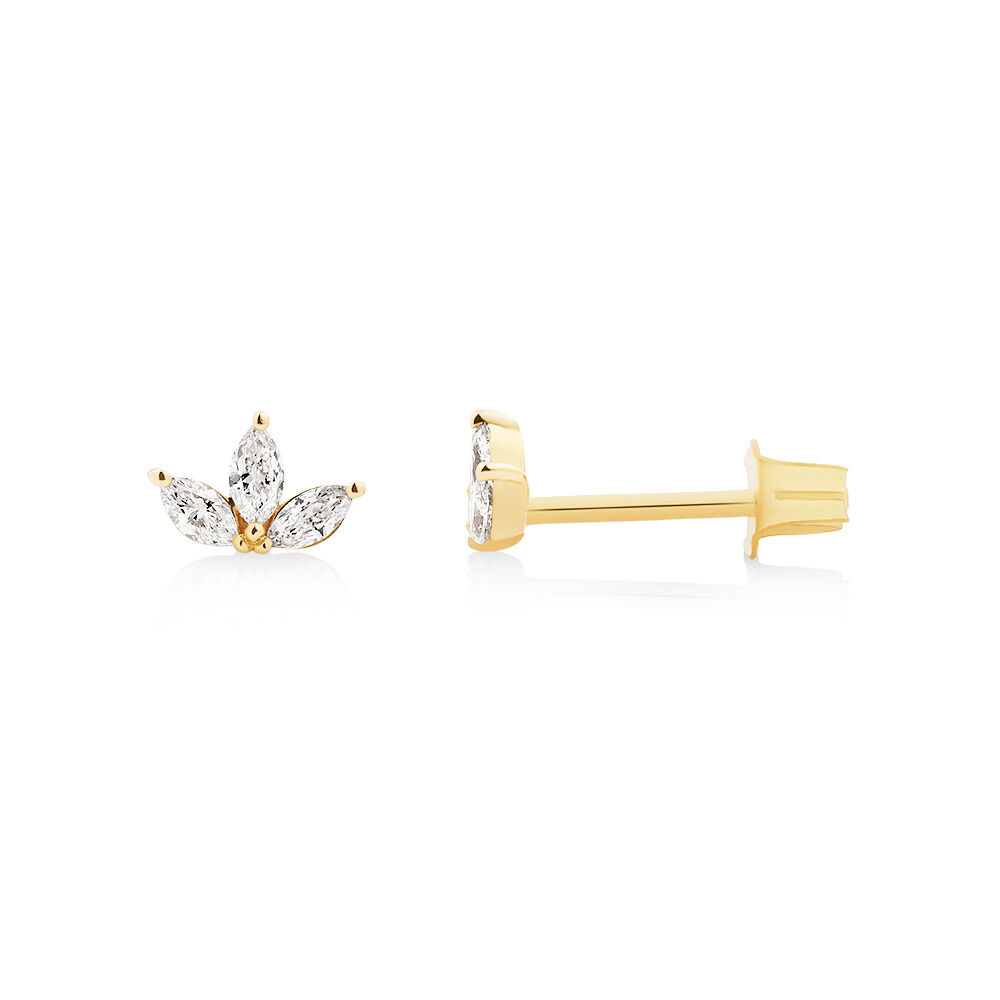 3 Stone Marquise Stud Earrings with 0.15 Carat TW Diamonds in 10kt Yellow Gold