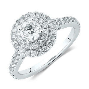 Bague de fiançailles à halo double Sir Michael Hill Designer en or blanc et rose 14 K avec diamants totalisant 1,2 ct