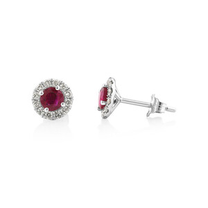 Halo Stud Earrings with Natural Ruby & 0.28 Carat TW of Diamonds in 10kt White Gold