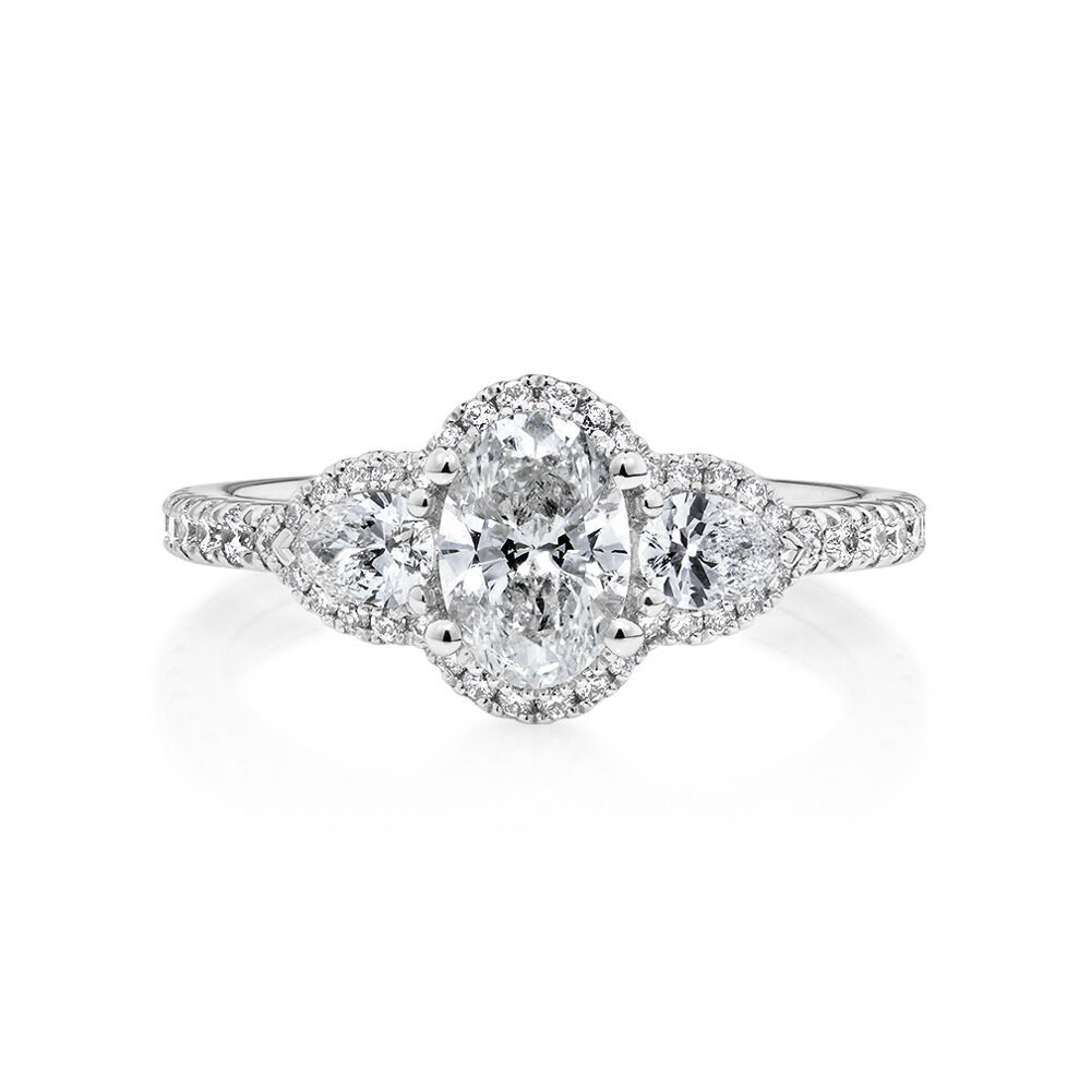 Sir Michael Hill Designer Three Stone Halo Engagement Ring with 1.26 Carat TW of Diamonds in 18kt White Gold