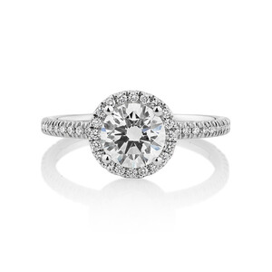 Halo Engagement Ring with 1.23 Carat TW of Diamonds. A 1 Carat Round Brilliant Laboratory-Created Centre Diamond and 0.23 Carat TW of Natural Diamonds in the Shoulders and Halo in 14kt White Gold