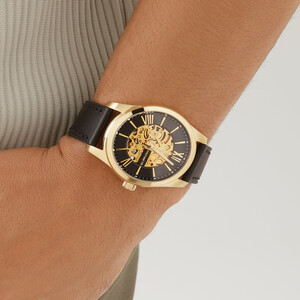 Michael Hill Automatic Skeleton Watch In Gold Tone Stainless Steel And Leather