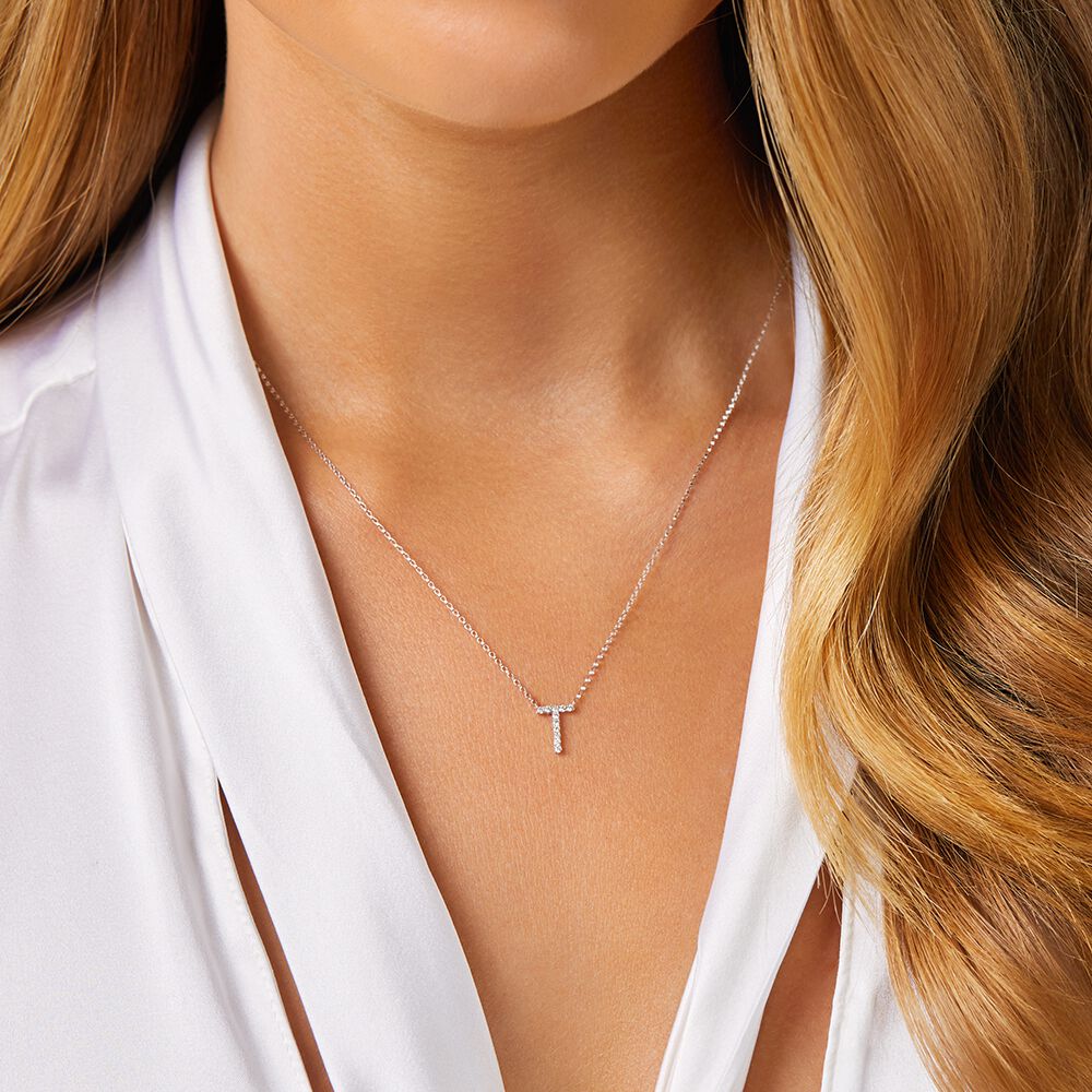 T Initial Necklace with 0.10 Carat TW of Diamonds in 10kt White Gold