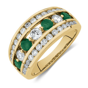 Ring with Emerald & 1 Carat TW of Diamonds in 14kt Yellow Gold