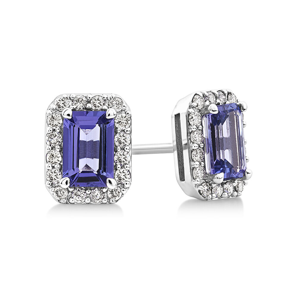 Halo Stud Earrings with Tanzanite & 0.25 Carat TW of Diamonds in 14kt White Gold