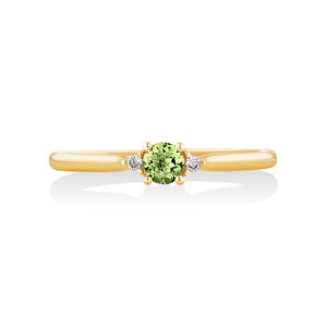 3 Stone Ring with Peridot & Diamonds in 10kt Yellow Gold