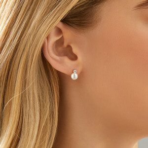 Drop Earrings with Cultured Freshwater Pearl & Cubic Zirconia in 10kt Yellow Gold