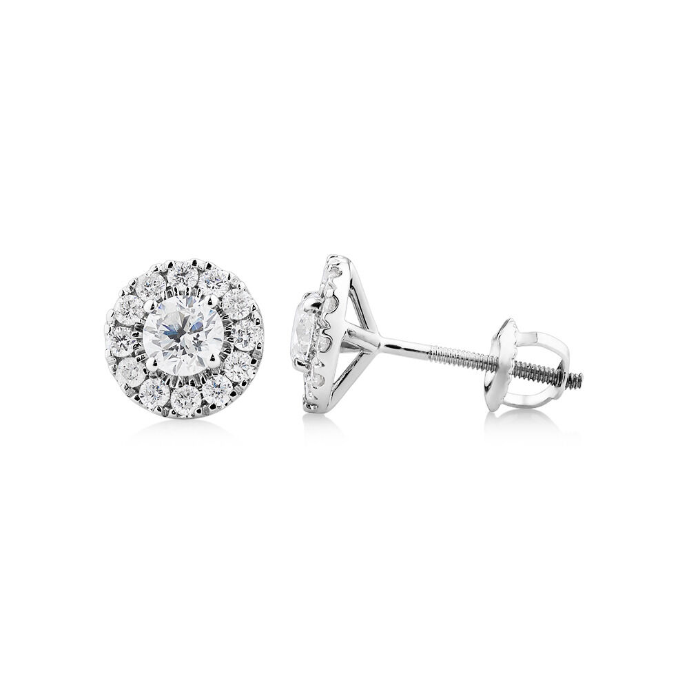 Dainty Halo Earrings with 1.0 Carat TW of Diamonds in 14kt White Gold