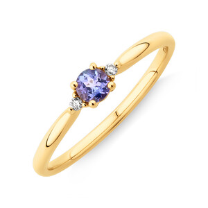 3 Stone Ring with Tanzanite & Diamonds in 10kt Yellow Gold
