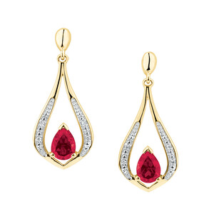 Drop Earrings with Laboratory Created Ruby & Natural Diamonds in 10kt Yellow Gold