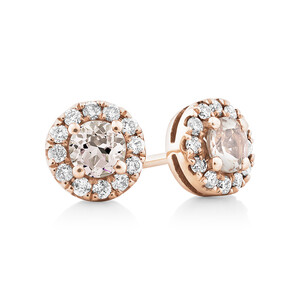 Boutons d'oreilles à double halo en or rose 10 K avec diamants totalisant 0,22 ct et morganite